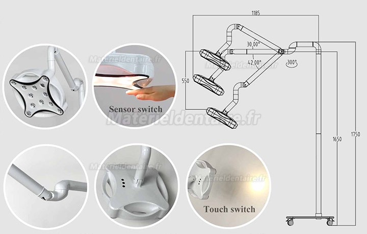 Micare JD1700 Lampe chirurgicale dentaire Lampe LED Scialytique (modèle à pied)